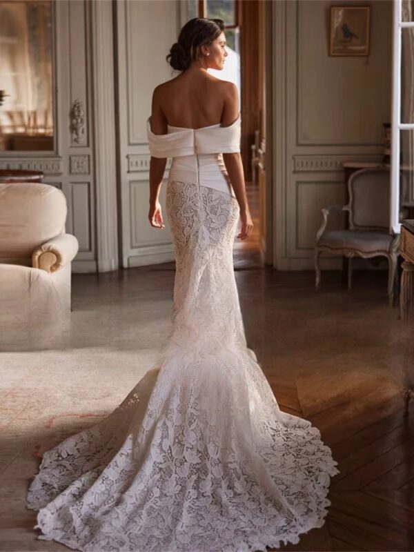 BIGDAY Luxury Lace Mermaid Wedding Dress Women Off The Shoulder Pleat Open Back V-Neck Bridal Gown Vestido De Noiva Customized - Imagen 2