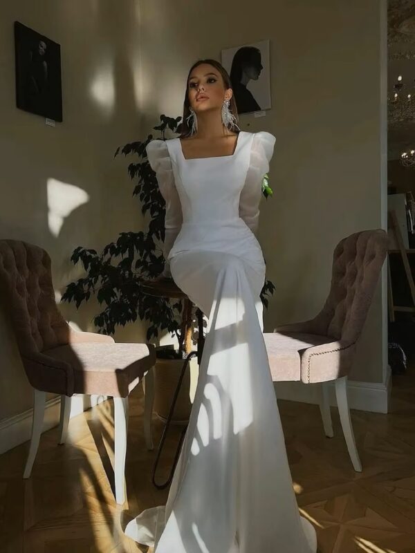 SoDigne Classic Satin Wedding Dresses Mermaid Puff Sleeves Square Neck Bridal Gown With Button Wedding Party Dress - Imagen 3