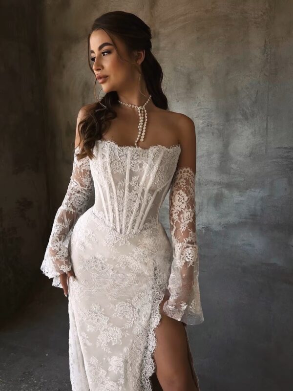 SoDigne Mermaid Lace Wedding Dresses Strapless Detachable Sleeves Bridal Dress Split Wedding Gown Robe De Mairee ﻿Customized - Imagen 4