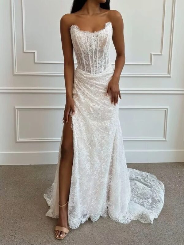 SoDigne Mermaid Lace Wedding Dresses Strapless Sleeveless Bridal Dress Customized Women Split Long Wedding Gown - Imagen 2