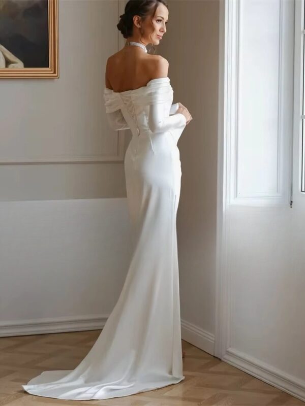 Modern Long Sleeve Mermaid Wedding Dresses Satin Pleat Off The Shoulder High Side Split Bridal Gown Vestido De Noiva Customized - Imagen 2