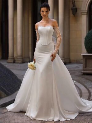 BIGDAY Modern Mermaid Wedding Dress Women Long Lace Sleeves Bow Strapless Open Back Bridal Gown Vestidos De Noiva Customized