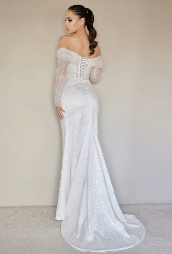 SoDigne Mermaid Glitter Wedding Dresses Off Shoulder Long Sleeves Sequined Bridal Dress Wedding Gown Robe De Mairee Customized - Imagen 4