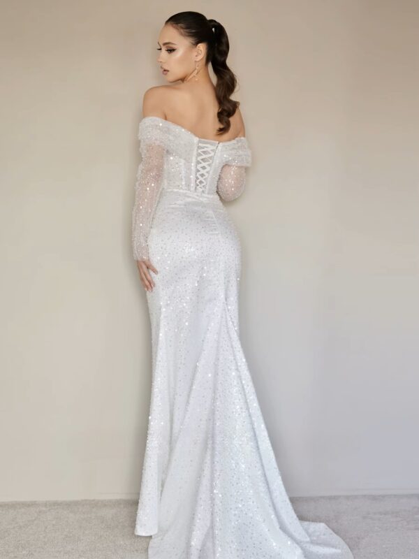 SoDigne Mermaid Glitter Wedding Dresses Off Shoulder Long Sleeves Sequined Bridal Dress Wedding Gown Robe De Mairee Customized - Imagen 3