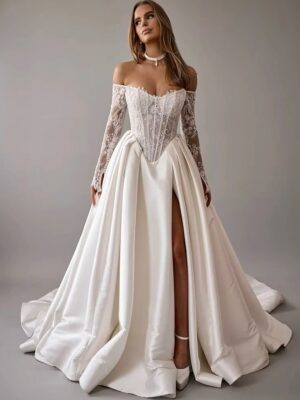 LORIE Vintage Lace Wedding Dress A-Line Off Shoulder Applique Long Sleeve Bridal Gown Princess Slit Corset Bride Gown Customized