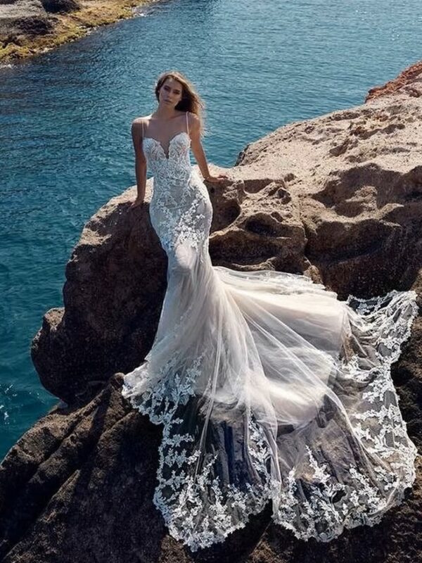 SoDigne Vintage Mermaid Wedding Dresses Sexy V-neck Lace Appliques Long Bride Dress Backless Wedding Gowns Vestido De Noiva - Imagen 4
