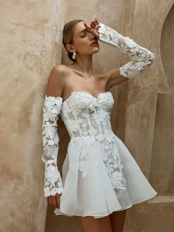 Civil Short Boho Wedding Dresses Appliques Half Sleeve sweetheart Mini Wedding Gowns For Bride Floral Print Robe 2025 Customized - Imagen 2