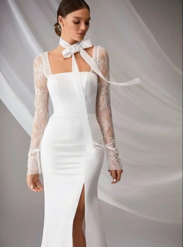 SoDigne Mermaid Elegant Wedding Dress Square Collar Full Sleeves Satin/Lace Bride Dresses Split Bridal Gown Vestido De Noiva - Imagen 3