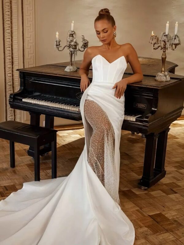 SoDigne Mermaid Satin Bride Dresses V-neck Sleeveless Beading Wedding Dress Long Bridal Gowns vestidos de novia Customized - Imagen 2