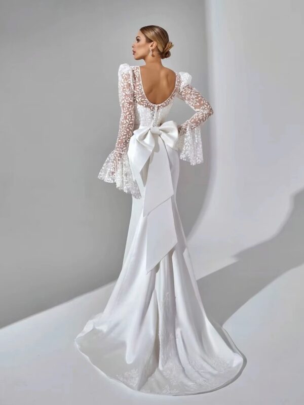 SoDigne Mermaid Satin Bride Dresses Appliques Full Sleeves Wedding Dress Long Bridal Gowns with Bow Robe De Mairee Customized - Imagen 3