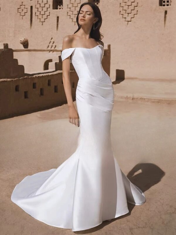 BIGDAY Satin Mermaid Wedding Dress Women 2025 Off The Shoulder Open Back Pleat Boat-Neck Bridal Gown Vestido De Noiva Customized - Imagen 3