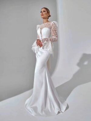 SoDigne Mermaid Satin Bride Dresses Appliques Full Sleeves Wedding Dress Long Bridal Gowns with Bow Robe De Mairee Customized