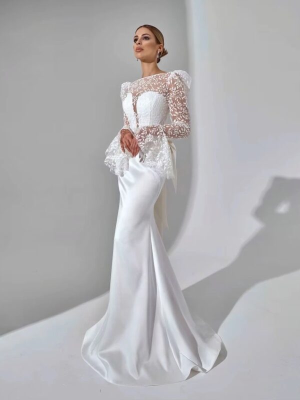 SoDigne Mermaid Satin Bride Dresses Appliques Full Sleeves Wedding Dress Long Bridal Gowns with Bow Robe De Mairee Customized
