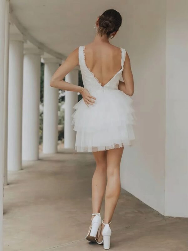 SoDigne Short Tulle Wedding Dresses V-neck Sleeveless Appliques Tiered Bridal Dress 2025 Mini A-line Customized Bride Gown - Imagen 2