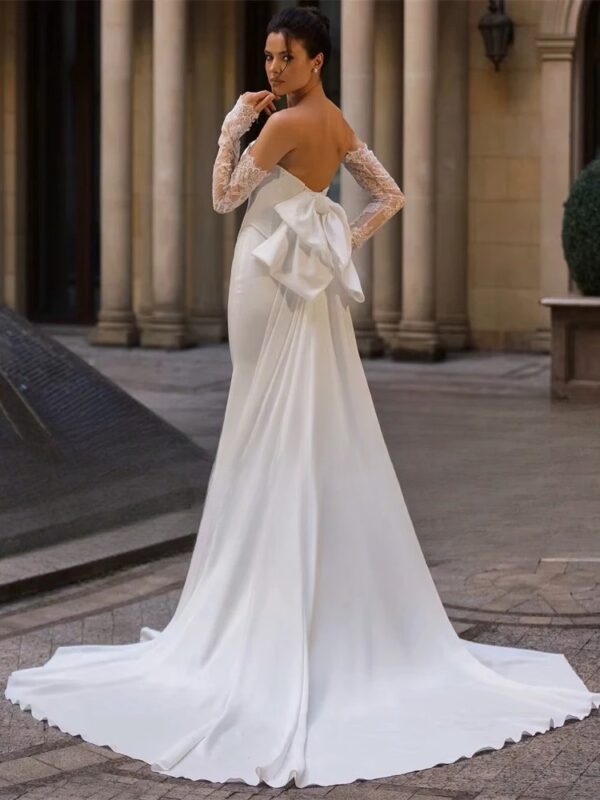 BIGDAY Modern Mermaid Wedding Dress Women Long Lace Sleeves Bow Strapless Open Back Bridal Gown Vestidos De Noiva Customized - Imagen 2