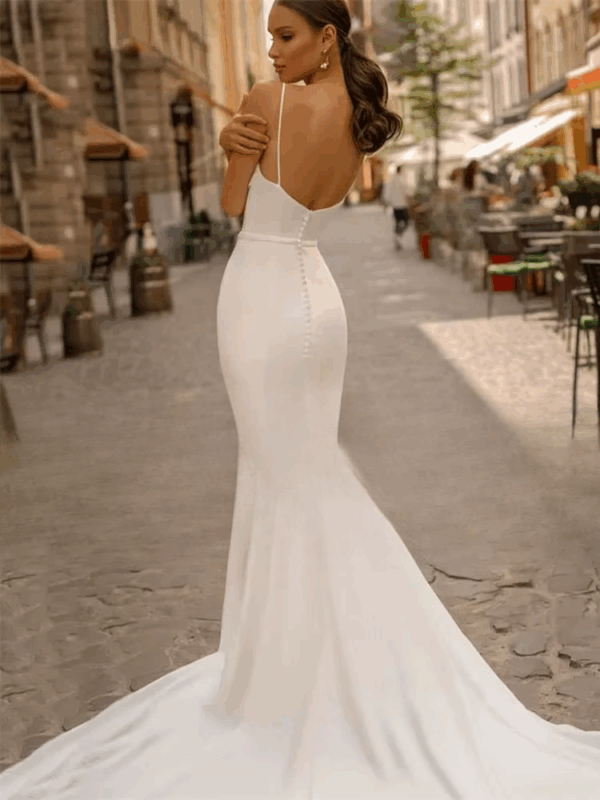 Elegant Mermaid Wedding Dresses Spaghetti Straps Boat-Neck Backless Pleat Bridal Gown Sweep Train Vestidos De Noiva Customized - Imagen 2