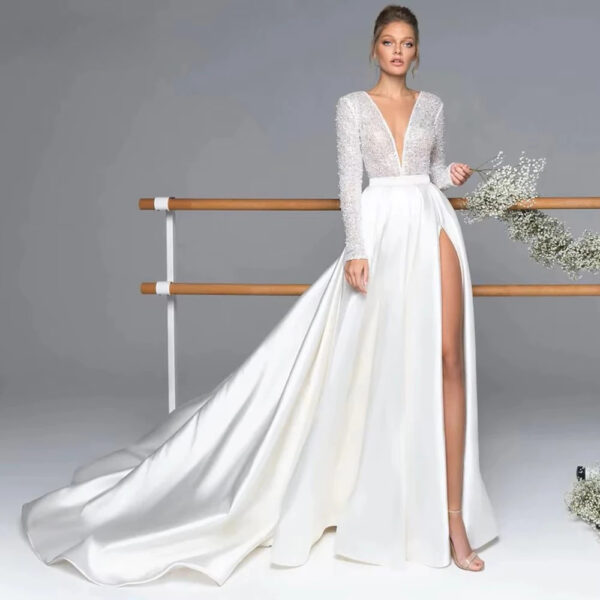 Luxury Long Sleeve Satin Wedding Dress Deep V-Neck Side Split Bridal Gown Vestido De Novia Train Vestidos De Novia Customized - Imagen 4