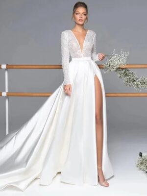 Luxury Long Sleeve Satin Wedding Dress Deep V-Neck Side Split Bridal Gown Vestido De Novia Train Vestidos De Novia Customized