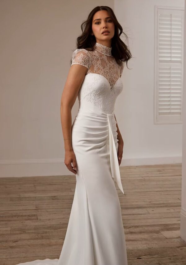 SoDigne Mermaid Lace/Satin  Bride Dresses High Neck Short Sleeves Wedding Dress Long Bridal Gowns vestidos de novia Customized - Imagen 3