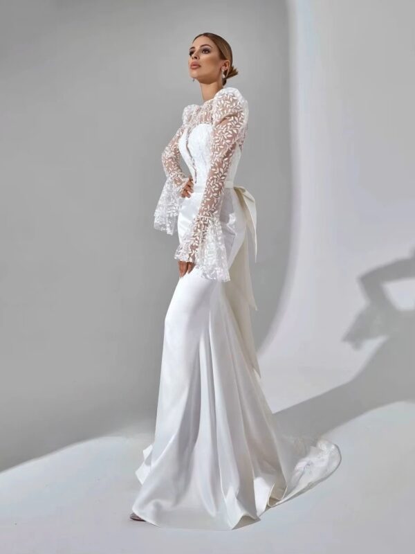 SoDigne Mermaid Satin Bride Dresses Appliques Full Sleeves Wedding Dress Long Bridal Gowns with Bow Robe De Mairee Customized - Imagen 2