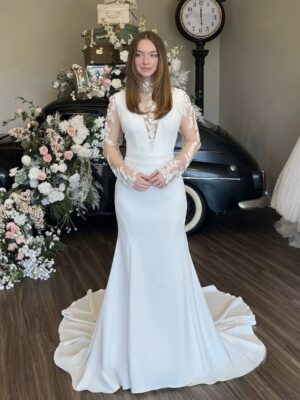 SoDigne Mermaid Satin Bride Dresses High Neck Full Sleeves Appliques Wedding Dress Bridal Gowns vestidos de novia Customized
