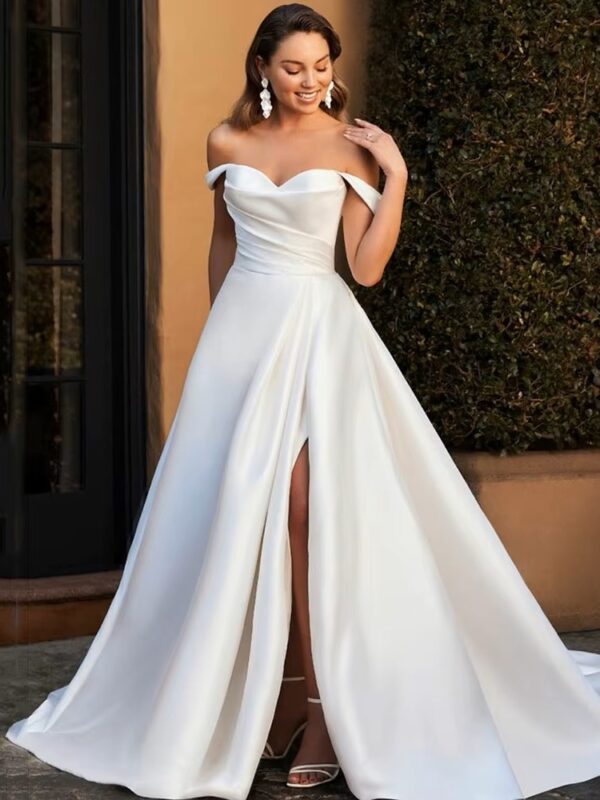 SoDigne Sexy Satin Off Shoulder Wedding Dresses With Side Split Sweetheart A-Line White/Ivory Bridal Gowns vestidos de novia